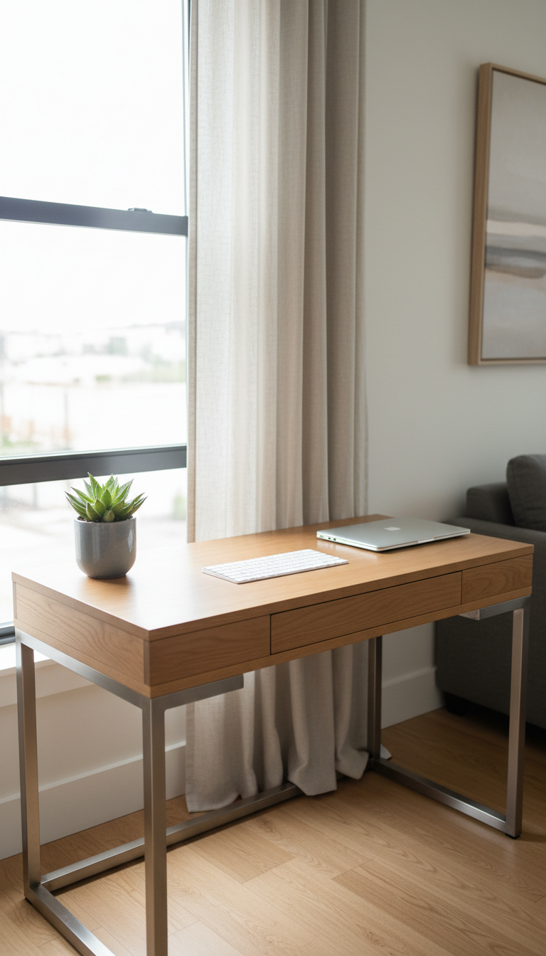 A dedicated remote work area within a rental property, showcasing a streamlined oak desk with a smooth matte finish and brushed steel legs. The desk holds a minimalist wireless keyboard, closed laptop, and a small slate-gray ceramic planter with a green succulent. The workspace is oriented beside a large, uncluttered window draped with light beige linen curtains, allowing soft, diffused daylight to fill the corner and cast delicate highlights on the wooden surfaces. The mood is focused yet serene, perfect for productivity. Captured from a slightly elevated angle with rule-of-thirds composition, the scene features a clean, structured layout in a photographic, modern corporate aesthetic, directly supporting the site's appeal to remote professionals seeking a tranquil setting.