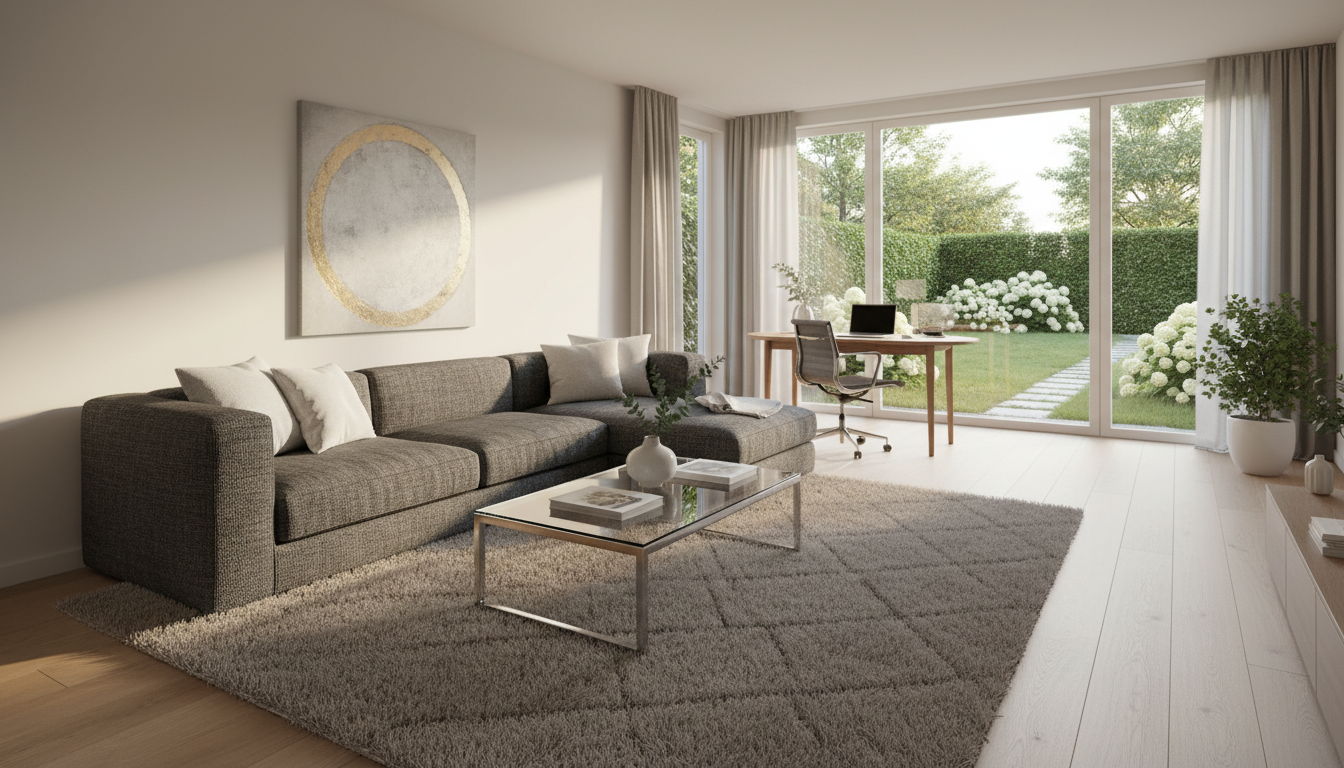 A spacious, tastefully furnished rental living room featuring a contemporary charcoal-gray sectional sofa with soft, woven upholstery and crisp white accent cushions. The sofa is centered on a sleek glass coffee table atop a plush taupe rug. The setting is a sunlit open-plan layout with floor-to-ceiling windows, offering views of a manicured garden outside. Gentle natural afternoon light bathes the room, highlighting the clean lines and creating soft, inviting shadows while maintaining a neutral color palette. The camera is positioned at eye level, using balanced composition with sharp focus throughout. The overall atmosphere is calm, professional, and organized, with a photographic realism style emphasizing comfort and workspace suitability for remote workers.