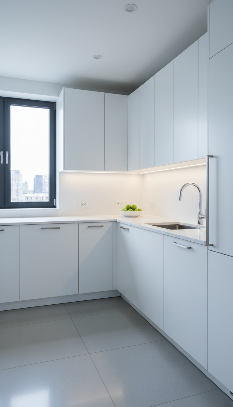 A pristine, inviting rental property kitchen designed in a modern style, with flat-panel matte white cabinets, seamless quartz countertops, and brushed stainless-steel fixtures. The kitchen features a polished chrome faucet over a deep rectangular sink and a neatly placed white ceramic bowl filled with green apples. The environment is bathed in cool, even overhead LED lighting, adding subtle reflections and gentle shadows beneath the cabinetry. The shot is composed from a slightly diagonal perspective, with a sharp, consistent focus throughout and a centered composition. The mood is efficient and orderly, projecting a professional, high-end rental experience aligned with business needs, captured in clean photographic realism to match the site's corporate tone.