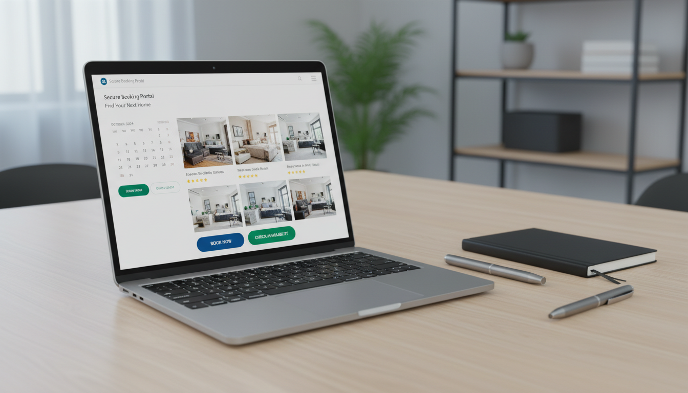A secure online booking interface display, featuring a high-resolution, modern laptop with a slim profile and matte silver finish. The screen is filled with a clean, user-friendly website interface showing an interactive calendar, property thumbnails, and bold, legible booking buttons. The laptop is positioned on a smooth pale oak table with a closed black notebook and a pen nearby. Cool, indirect window light creates gentle highlights on the metallic surface, enhancing the polished, corporate mood. Shot from a slightly angled perspective with sharp foreground focus and a subtle blur to a neutral-toned background, the composition conveys efficiency and professionalism, reinforcing the site's commitment to seamless, reliable booking for long-term rental clients.