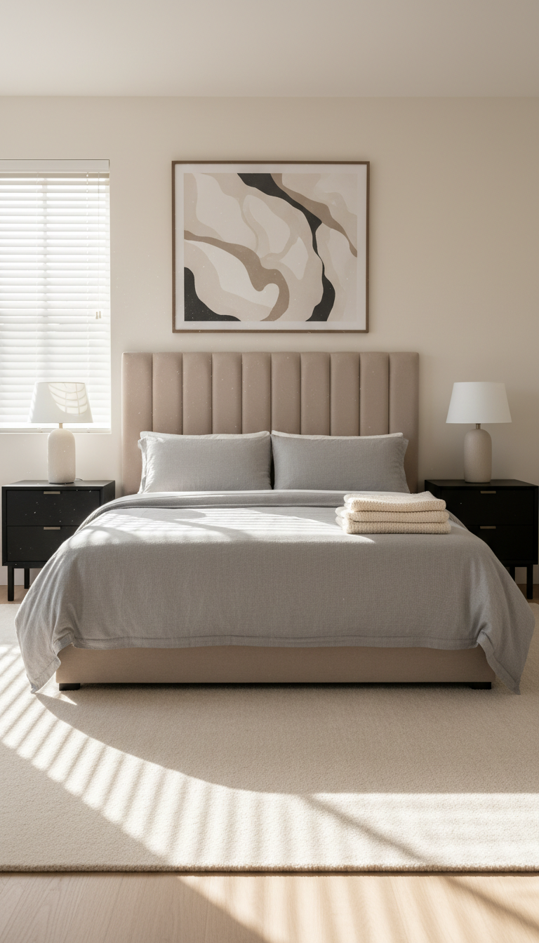 A tranquil, neutral-toned bedroom within a long-term rental house, highlighting a well-made queen-sized bed with a structured light gray linen duvet and neatly folded ivory blankets at the foot. The bed is flanked by symmetrical matte black nightstands and minimalist ceramic lamps with soft white lampshades. Behind, a large padded headboard adds subtle texture, and an abstract framed art piece hangs above. Early morning sunlight filters through partially open white blinds, casting refined linear shadows and a serene, inviting glow. The composition is eye-level with balanced symmetry, featuring crisp details, a calm ambiance, and a photographic, clean-lined aesthetic, ideal for attracting remote working tenants seeking rest and focus.